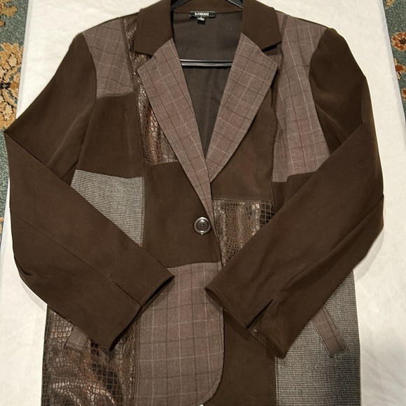 Elementz Brown Blazer Size XL One Button Closure Front Pockets Fabric Block - Picture 8 of 8